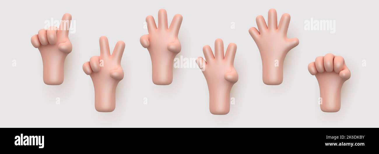 3D cartoon hand showing fingers, counting from one to five. Stock Vector