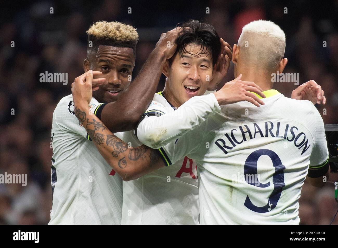 London, UK. 12th Oct, 2022. Heung Min-Son of Tottenham Hotspur (c) celebrates with teammates after he scores his teams 3rd goal. UEFA Champions league, group D match, Tottenham Hotspur v Eintracht Frankfurt at the Tottenham Hotspur Stadium in London on Wednesday 12th October 2022. this image may only be used for Editorial purposes. Editorial use only, license required for commercial use. No use in betting, games or a single club/league/player publications. pic by Sandra Mailer/Andrew Orchard sports photography/Alamy Live news Credit: Andrew Orchard sports photography/Alamy Live News Stock Photo