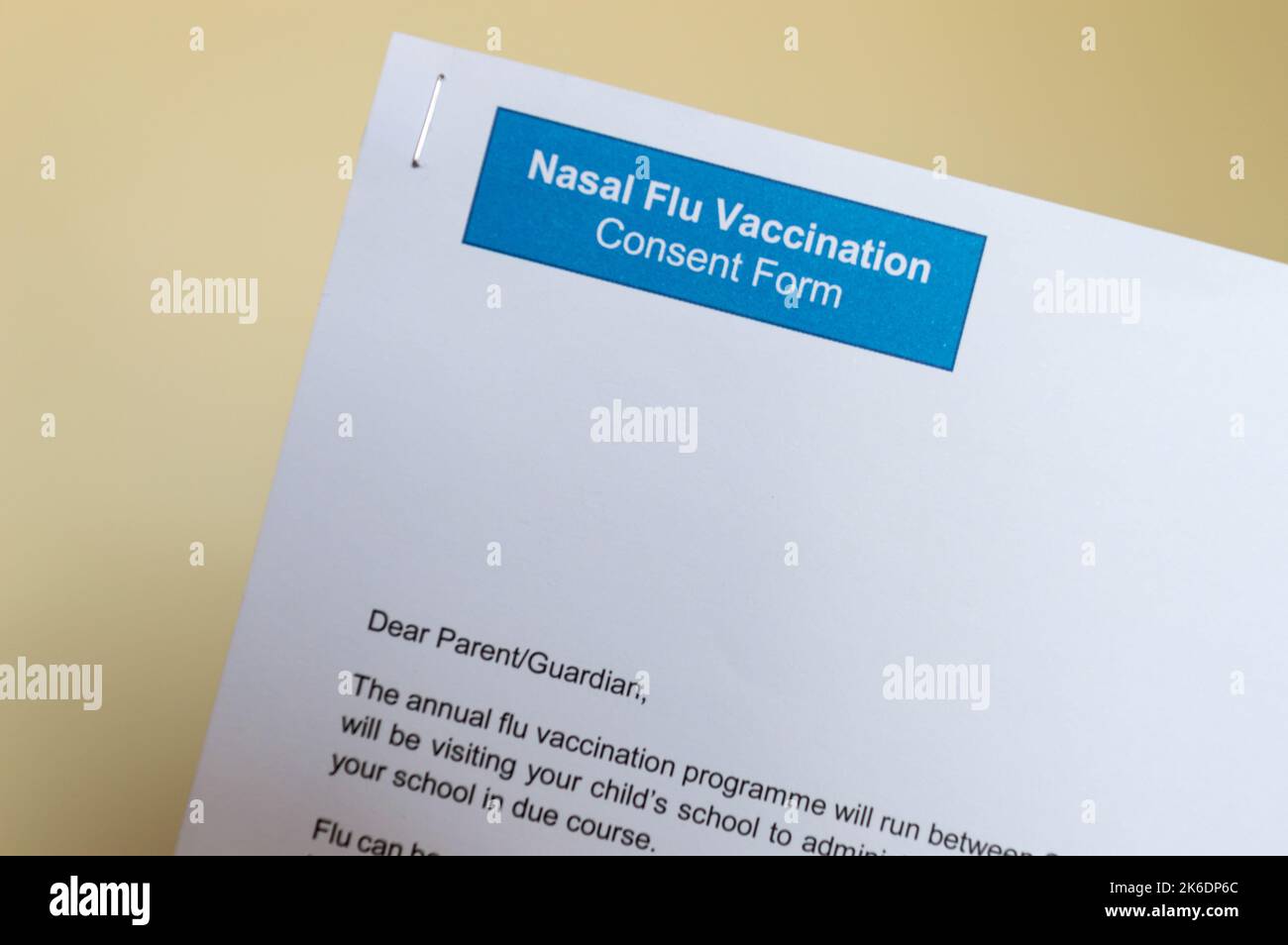 Nasal Flu vaccination consent form through school in England for Children vaccination Stock Photo