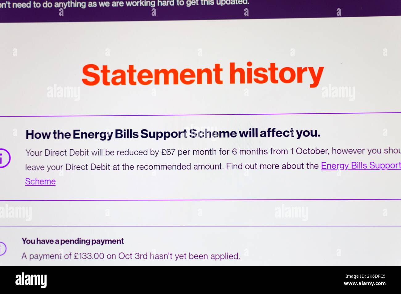 Energy bill support, the £400 energy grant from the UK government instalment to consumer paying by Direct Debit by reducing the outgoing amount Stock Photo