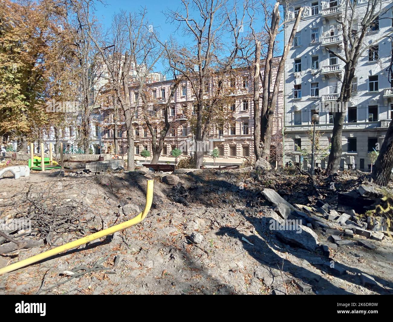 Kyiv, Ukraine, 13/10/2022, Destroyed street area in Kyiv, Ukraine ...