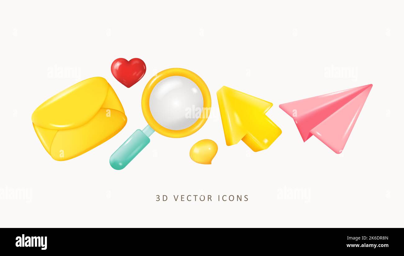3d Icon Set. Mail, Magnifier, Mouse Cursor, Paper Plane. Realistic ...