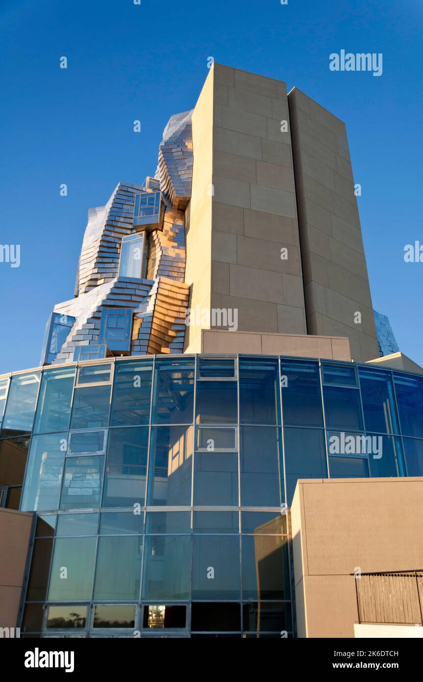 View of the Fondation Louis Vuitton museum, designed by Frank Gehry, with  colorful glass panes designed by Daniel Buren Stock Photo - Alamy