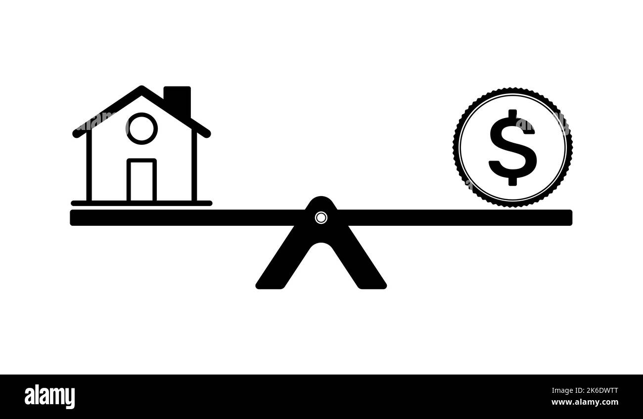 House purchase or renting balance concept. House icon and dollar coin on a Seesaw symbol. Vector illustration Stock Vector