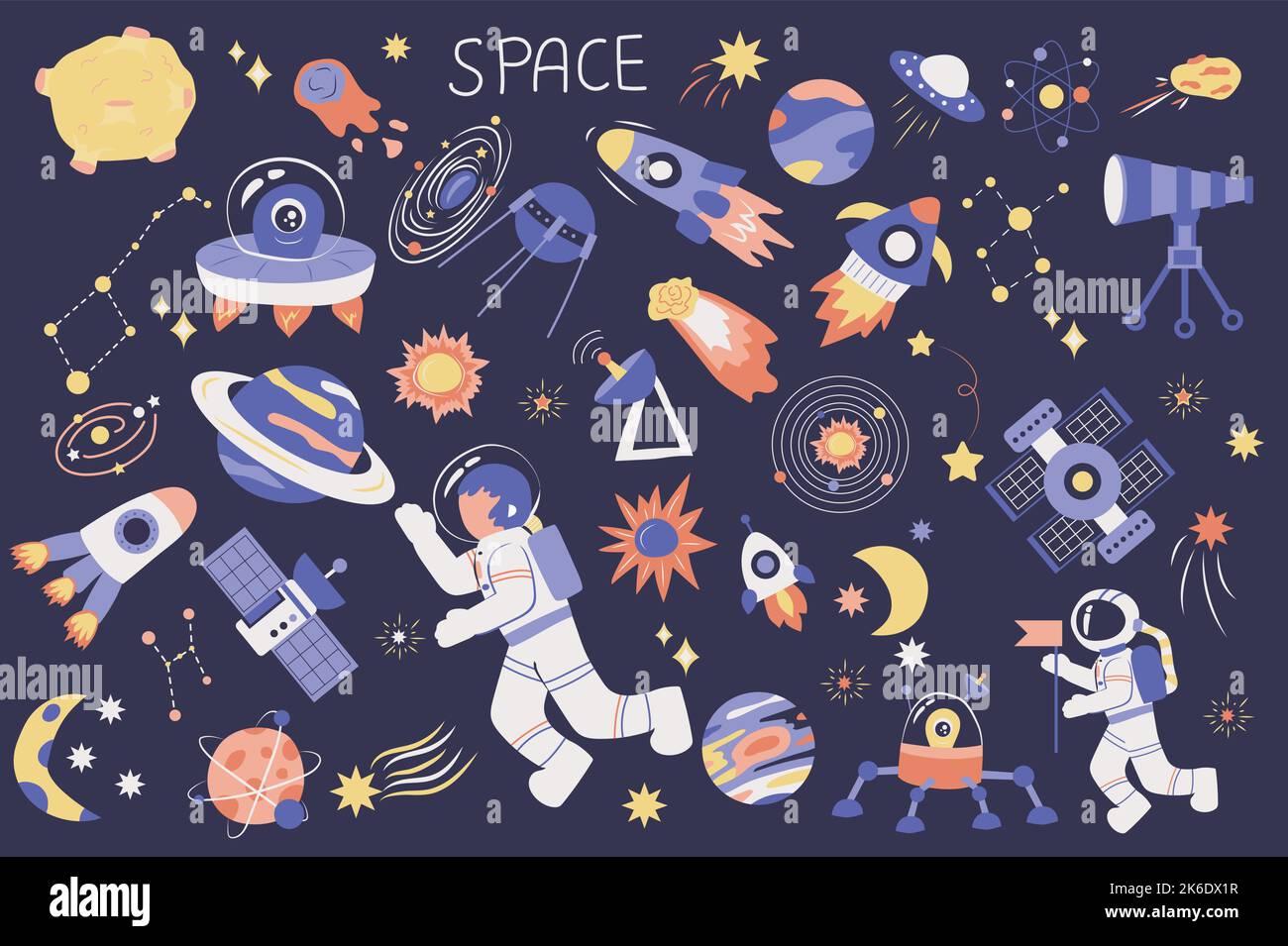 Space cute set in flat cartoon design. Bundle of planet, comet, ufo ...