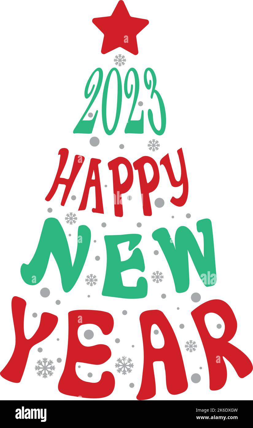 Christmas tree written with text consisting of holiday words 2023 year