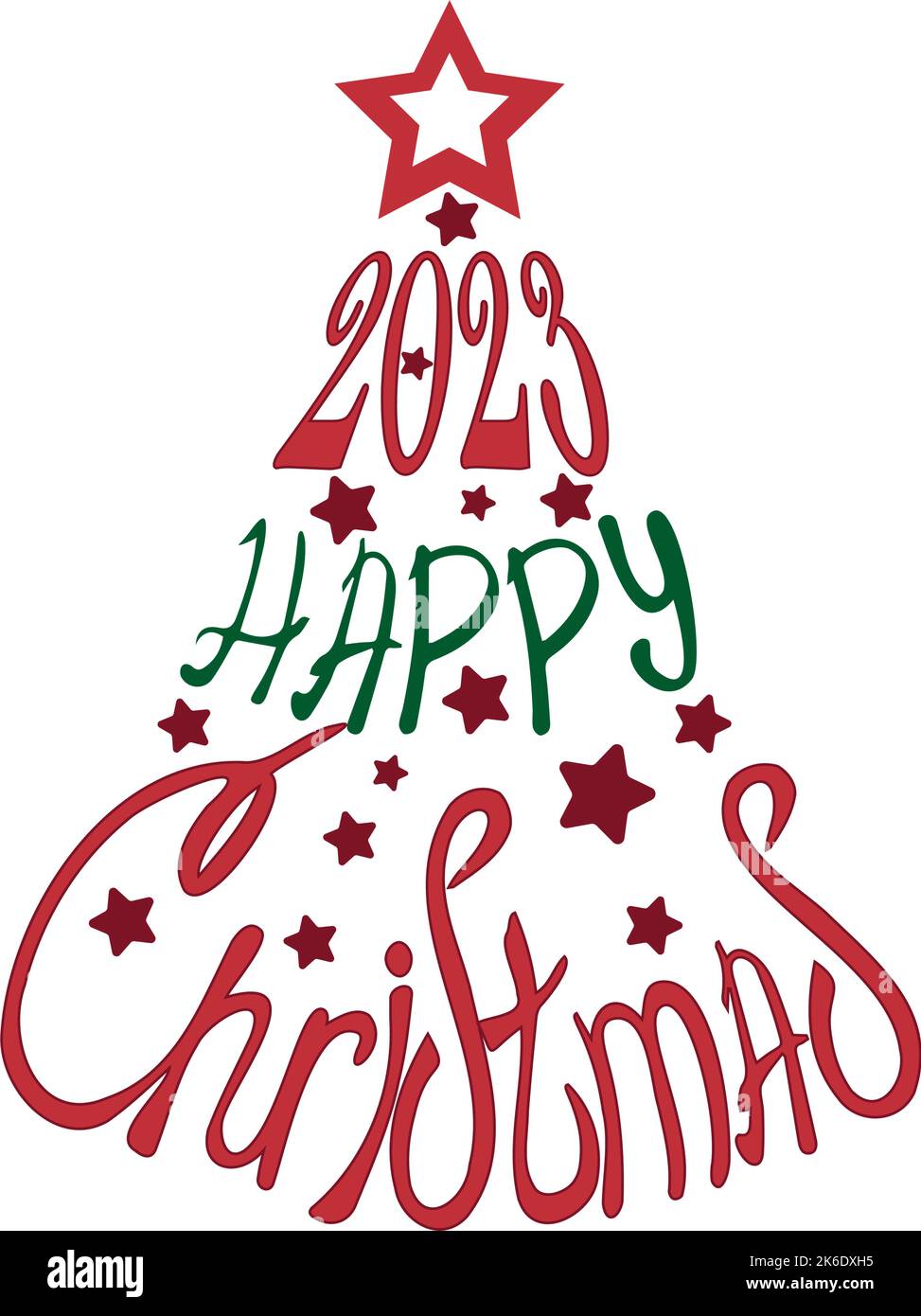 Christmas tree written with text consisting of holiday words 2023 year