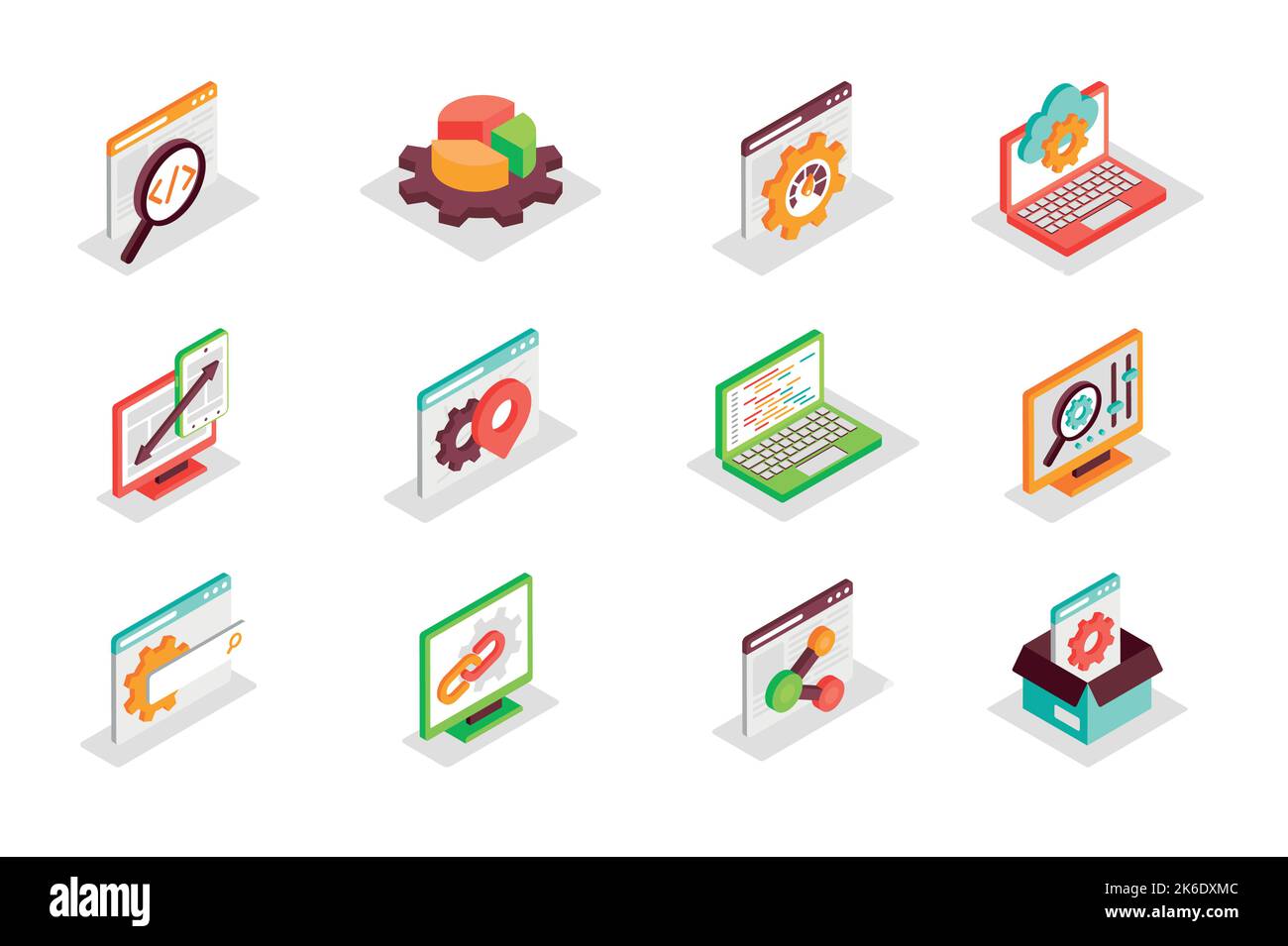Digital development and SEO concept 3d isometric icons set. Bundle elements of code, optimization, chart, graph, settings, speed, search, link and Stock Vector