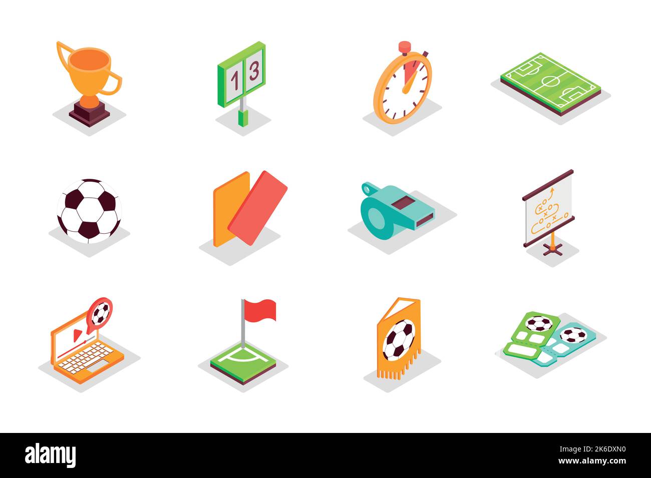 Football concept 3d isometric icons set. Bundle elements of victory cup, score, time, ball, red or orange cards, whistle, field, championship and Stock Vector