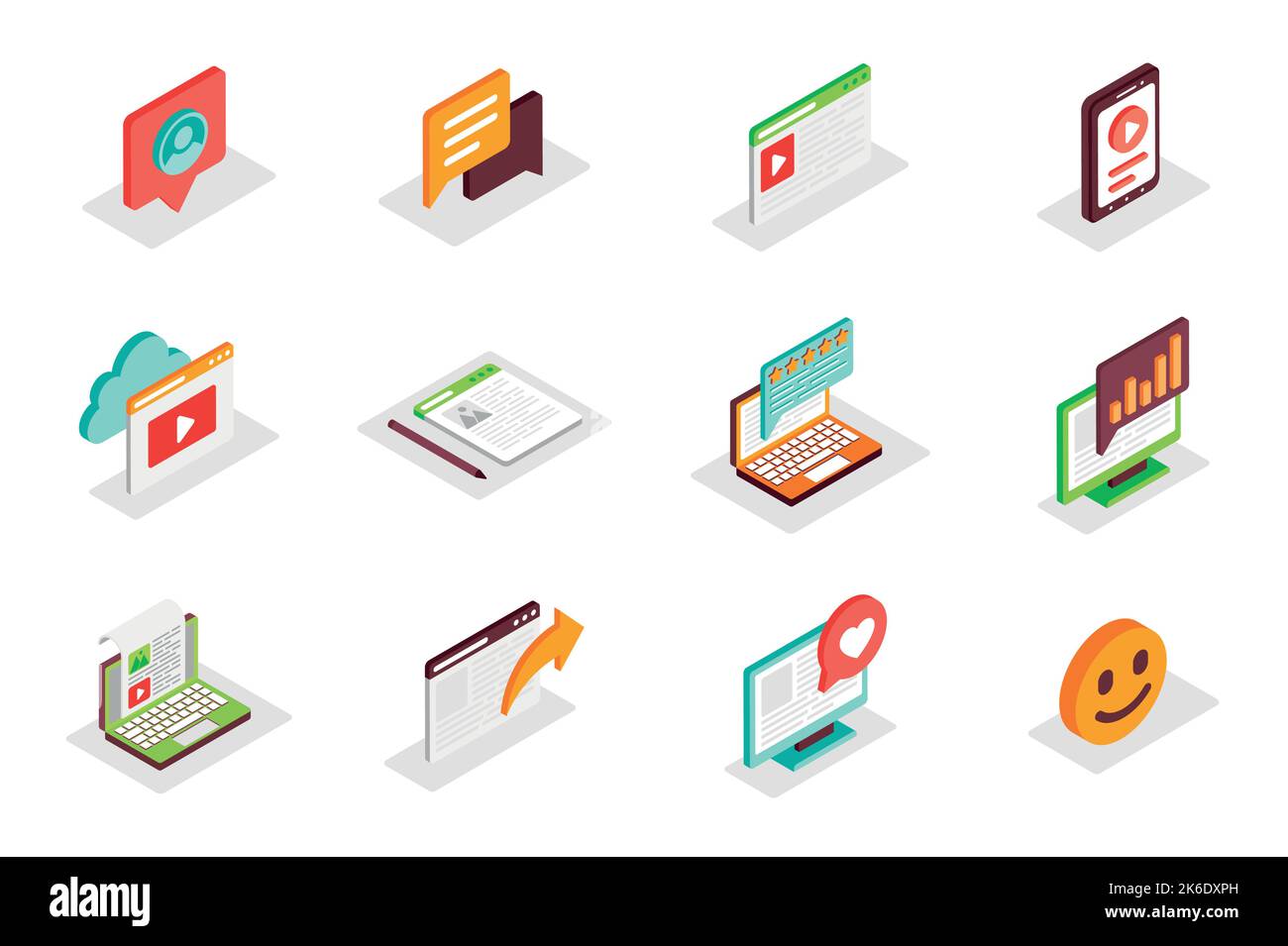 Blog concept 3d isometric icons set. Bundle elements of profile in ...