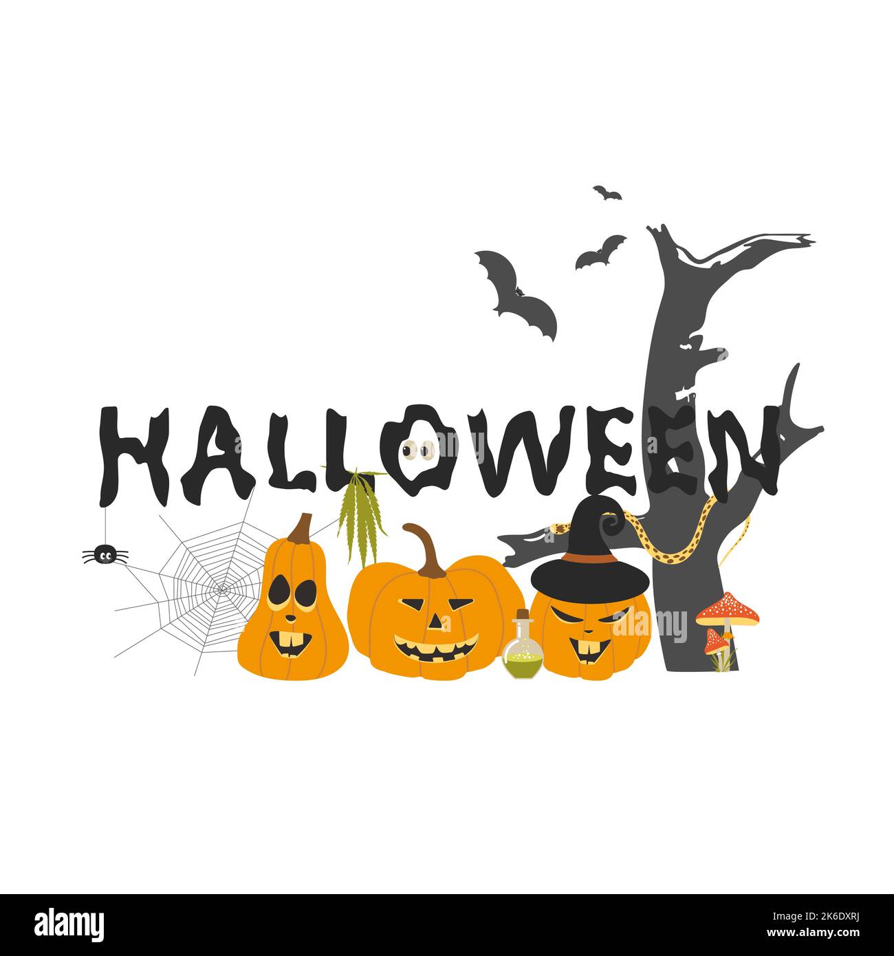 Text Halloween with pumpkins and other holiday events and cannabis leaf. Vector element for horror holiday design Stock Vector