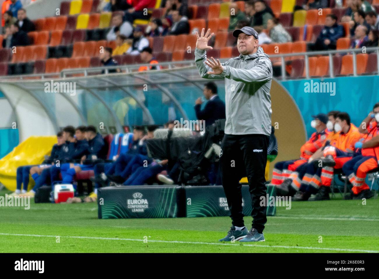 Bucharest, Romania. 13th Oct, 2022. October 13, 2022: Kent Nielsen the head coach of Silkeborg IF during of the UEFA Europa Conference League group B match between FCSB Bucharest and Silkeborg IF at National Arena Stadium in Bucharest, Romania ROU. Catalin Soare/Cronos Credit: Cronos/Alamy Live News Stock Photo