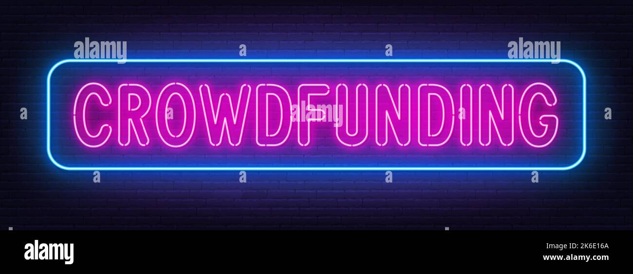 Neon lettering crowdfunding on brick wall background. Stock Vector