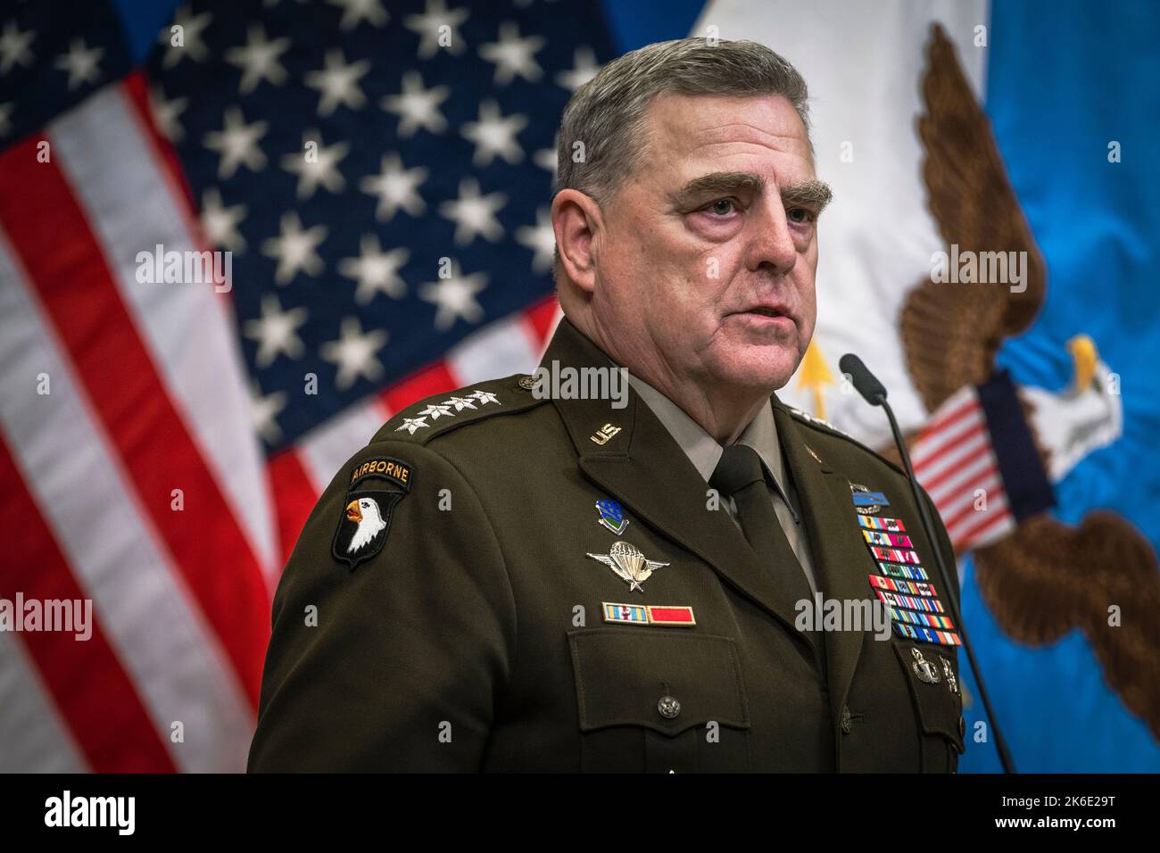 Brussels, Belgium. 12th Oct, 2022. U.S. Chairman of the Joint Chiefs Gen. Mark Milley, responds to a question during a news conference with Secretary of Defense Lloyd J. Austin III following a meeting of the Ukraine Defense Contact Group at NATO headquarters, October 12, 2022 in Brussels, Belgium. Credit: Chad J. McNeeley/DOD/Alamy Live News Stock Photo