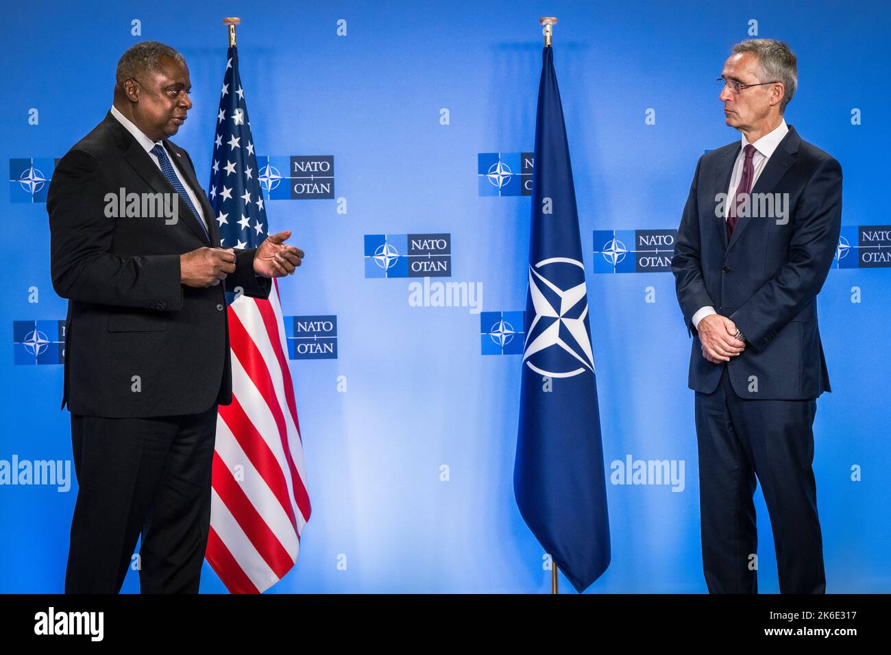 Brussels, Belgium. 13th Oct, 2022. U.S. Secretary of Defense Lloyd J. Austin III, left, speaks with NATO Secretary General Jens Stoltenberg on the sidelines of the NATO Defense Ministerial, October 13, 2022 in Brussels, Belgium. Credit: Chad J. McNeeley/DOD/Alamy Live News Stock Photo