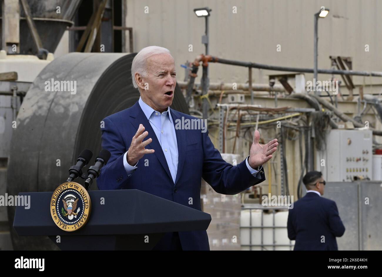 Los Angeles, United States. 13th Oct, 2022. President Joe Biden speaks to dignitaries and construction workers at a Metro construction site, touting federal investments aimed at bolstering the nation's infrastructure. Biden also highlighted his efforts to lower prescription drug costs, protect Medicare and strengthen Social Security, and to fight efforts by congressional Republicans to put Medicare and Social Security on the chopping block and reinstate giveaways to Big Pharma. Photo by Jim Ruymen/UPI Credit: UPI/Alamy Live News Stock Photo