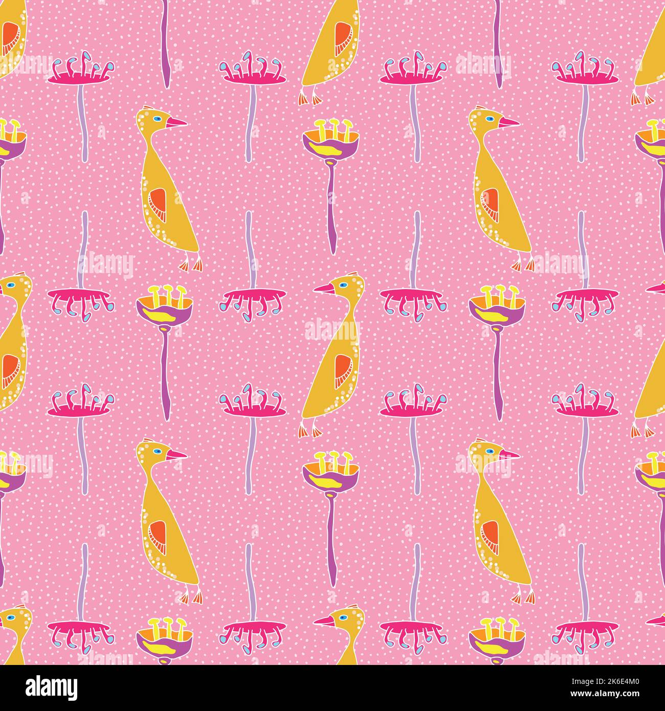Naive style funny little goose and flowers seamles pattern on pink background. Stock Vector