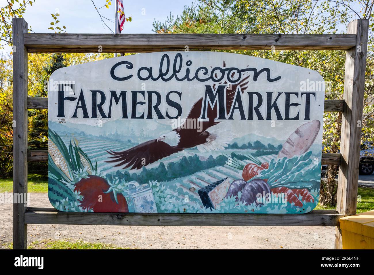 Callicoon, NY / USA - October 12, 2022:  Callicoon Farmers Market Sign on a bright fall day Stock Photo