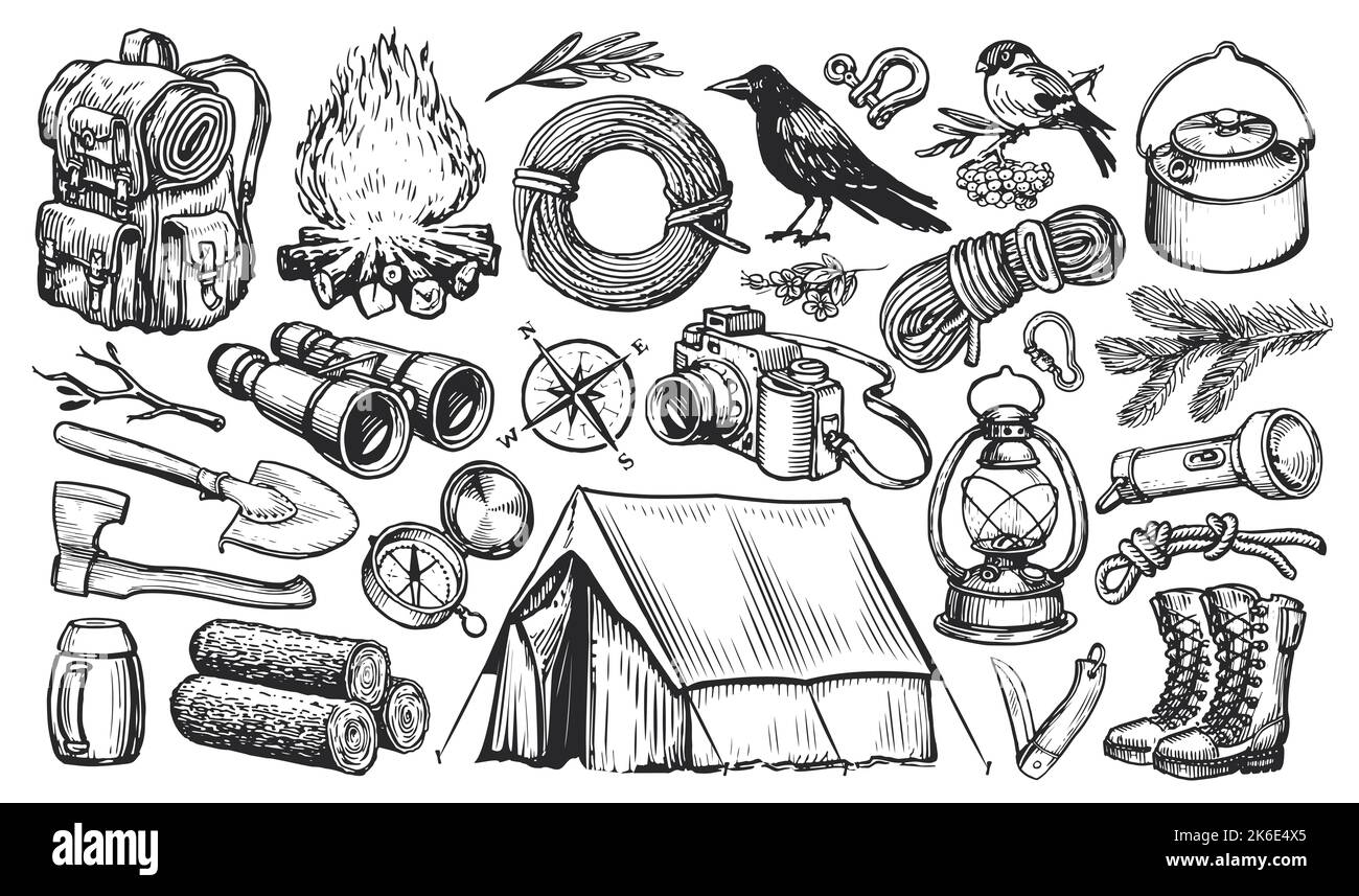 Camping equipment set. Summer camp collection. Active holidays or local