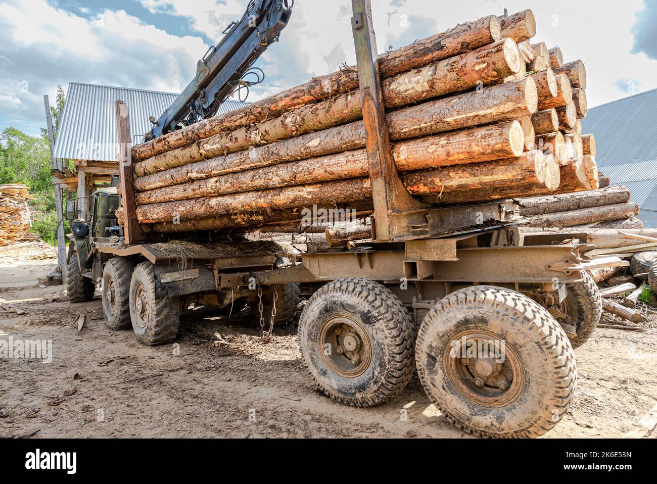 Timber carrier with large sawn logs at the wood storage place. Forest