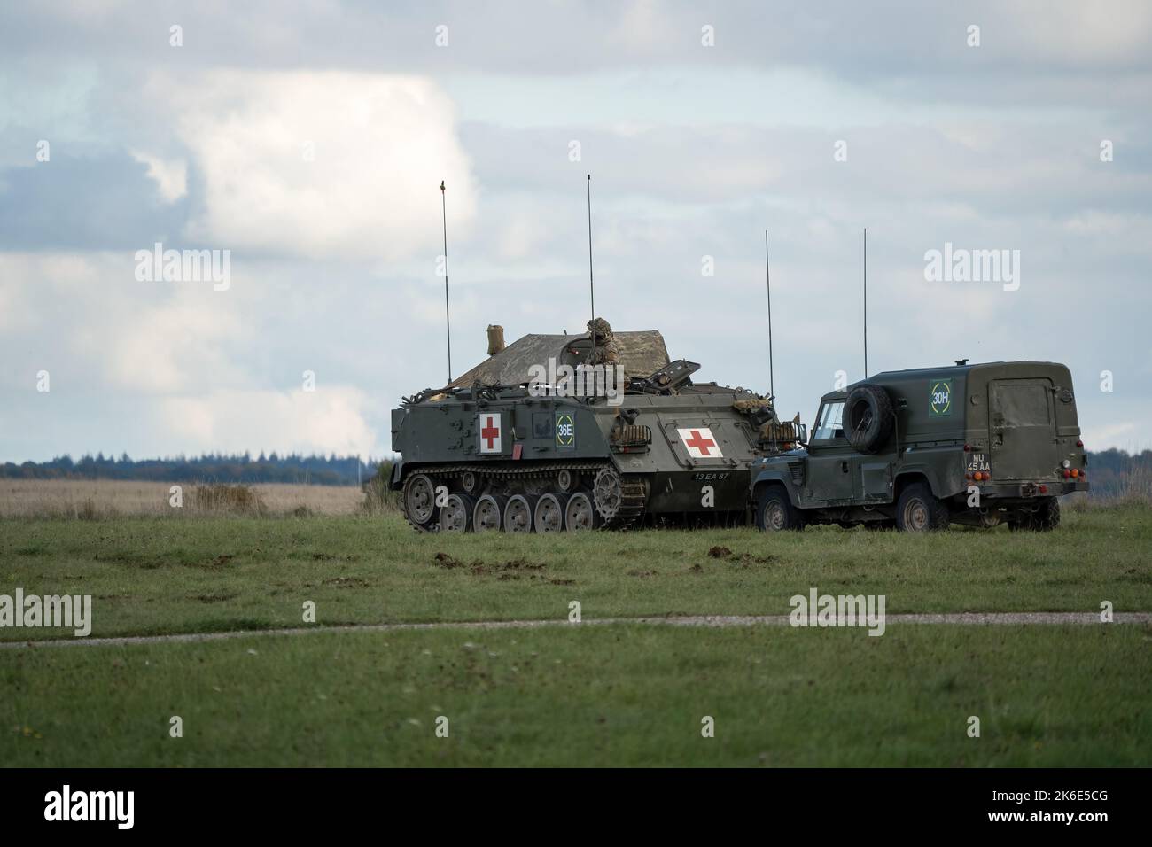 British army FV432 Bulldog medical ambulance armoured personnel carrier on a military exercise Wiltshire UK Stock Photo