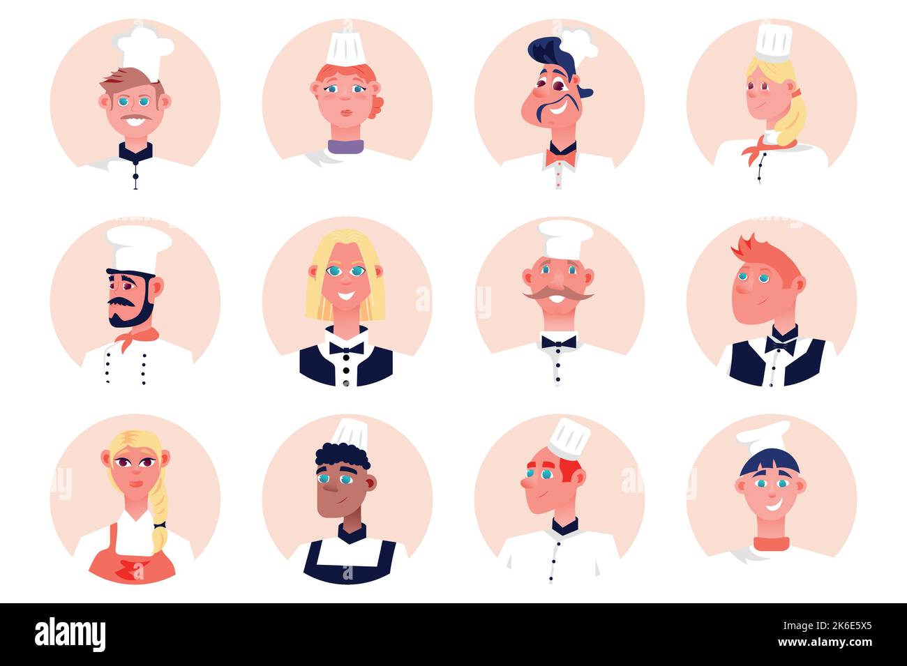 Cooking staff people avatars isolated set. Chef in caps, waitresses and waiters work in restaurant kitchen. Diverse male and female mascots. Vector Stock Vector