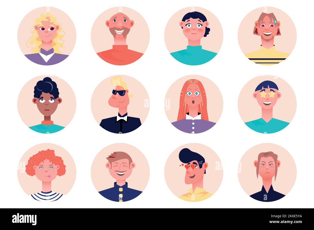 Emoji people avatars isolated set. Men and women express different facial emotions such as smile, laughter, sadness, anger, love and others. Vector Stock Vector