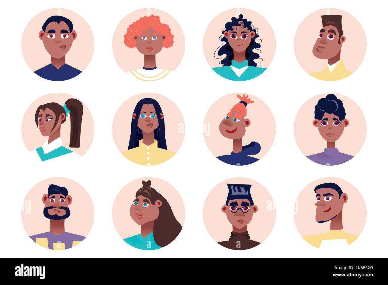 Black people avatars isolated set. Diverse men and women with different looks. African americans and europeans male and female mascots. Vector Stock Vector