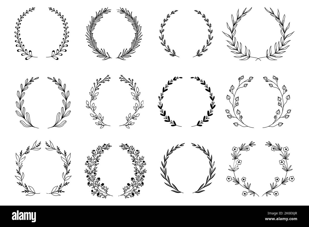 Ornamental branch wreathes set in hand drawn design. Laurel leaves
