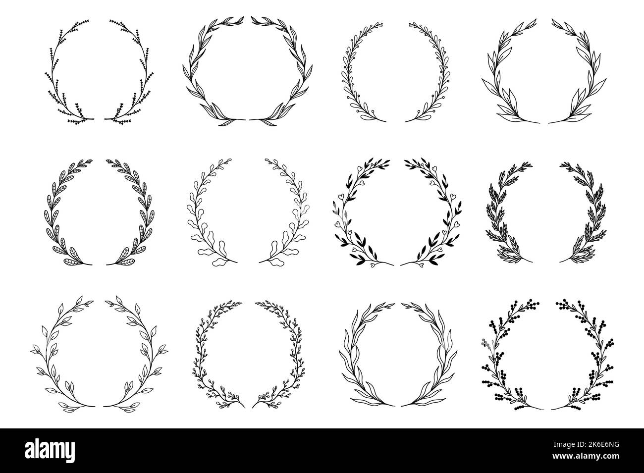 Ornamental branch wreathes set in hand drawn design. Laurel leaves wreath and decorative branch bundle. Collection of differen herbs, twigs, flowers Stock Vector
