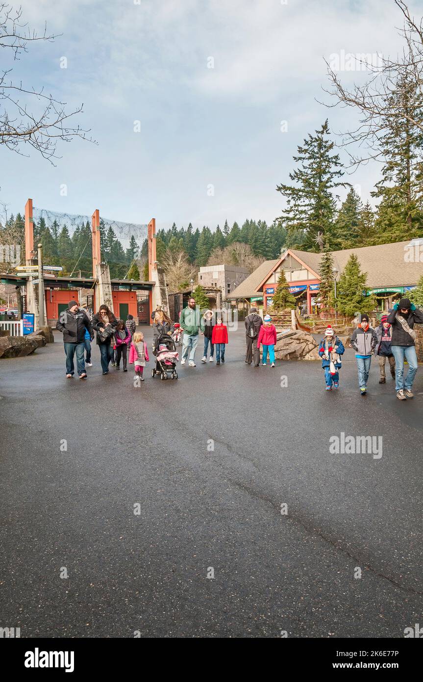 Group of visitors near the Zoo Shop (Store) at the World Forestry Center in Portland, Oregon. Stock Photo
