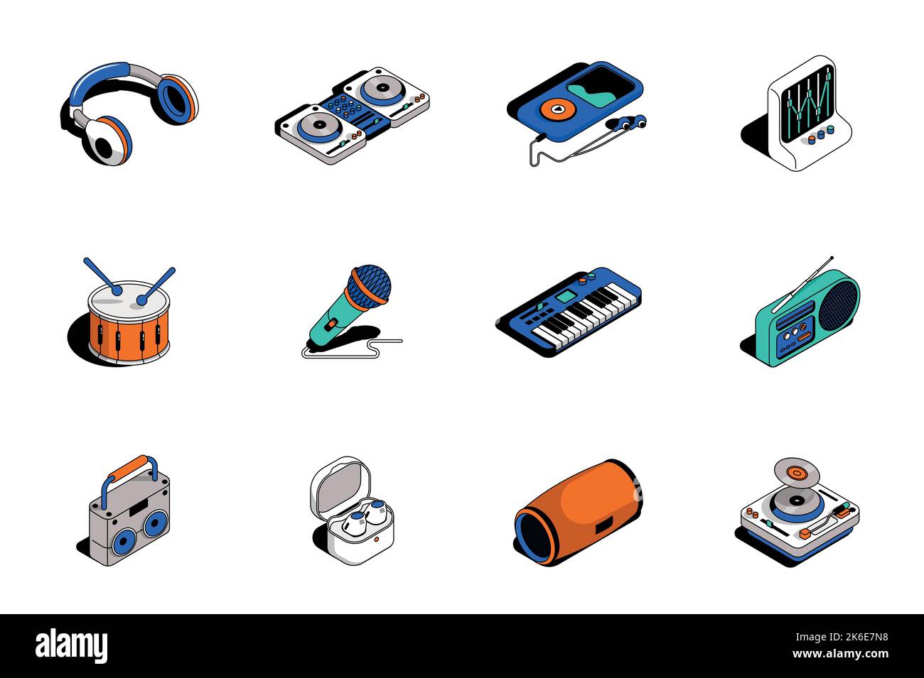 Music 3d isometric icons set. Pack elements of headphones, dj player