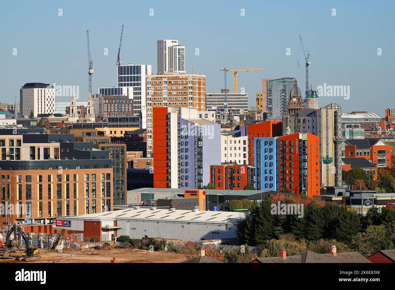 Leeds City Centre with tower cranes on various developments. Altus
