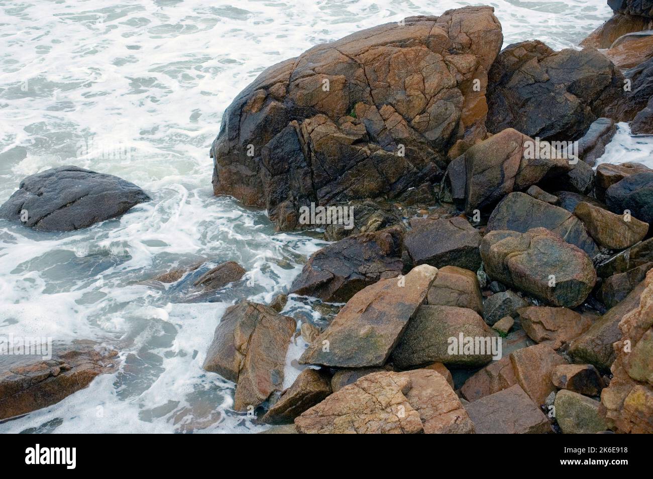 Boulder and rocks at the beach of Manchester-by-the-sea, Massachusetts. Stock Photo