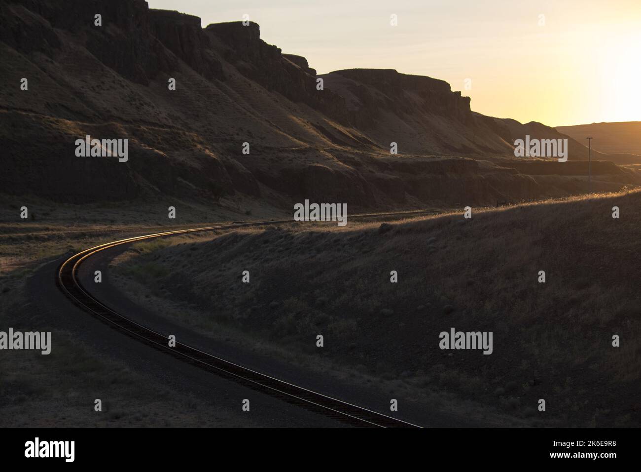 Curving train tracks, Snake River Valley, near Palouse Falls, Washington Stock Photo