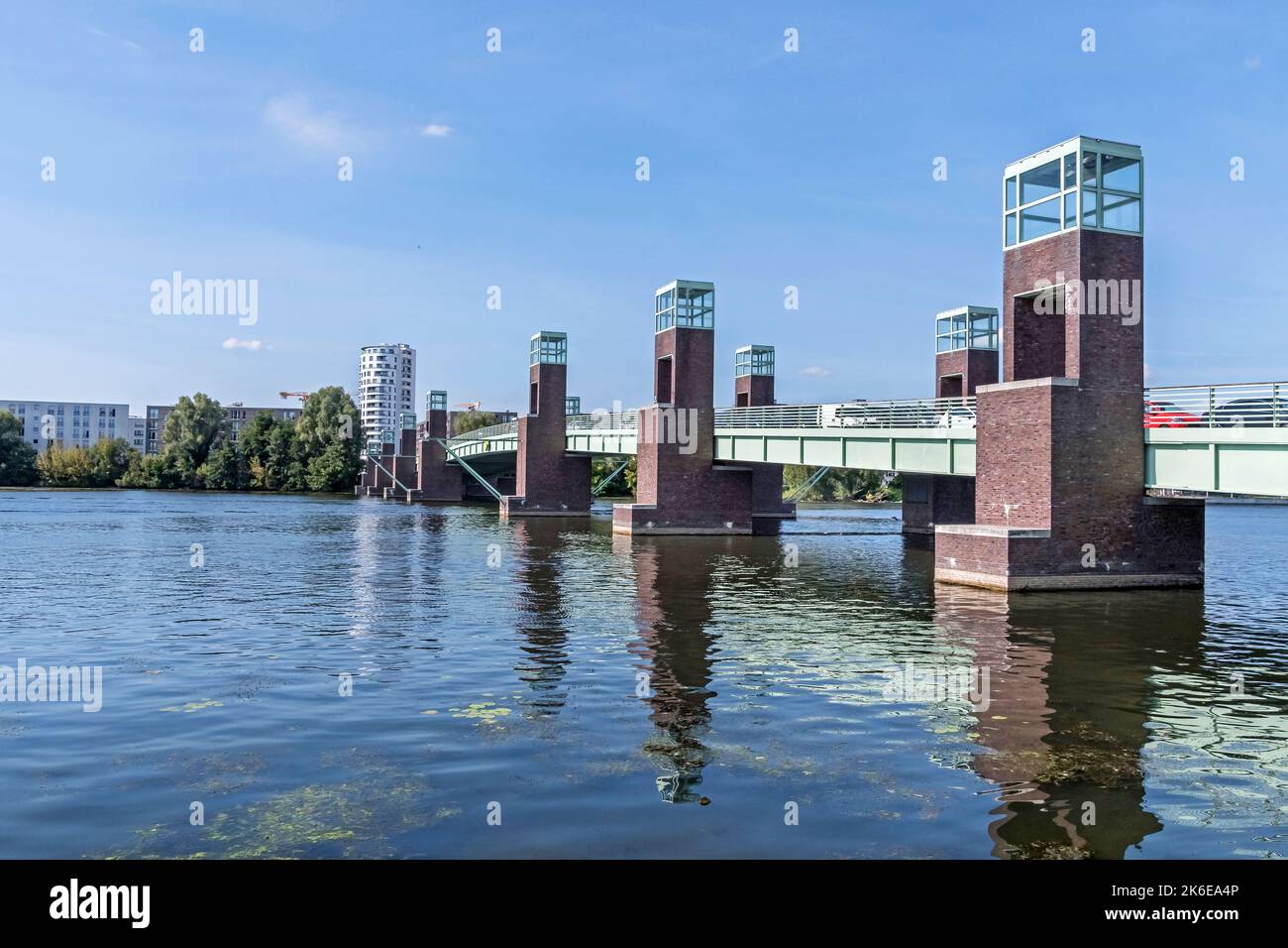 Berlin, Germany - September 4, 2022: Maselake bay or Spandauer-See of the River Havel with its steel beam (girder) bridge Spandauer-See Bruecke Stock Photo