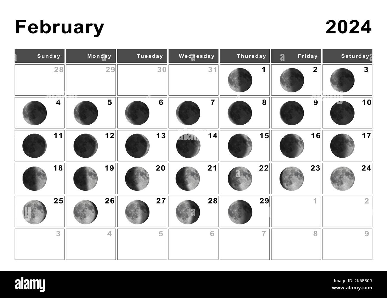 February 2024 Lunar calendar, Moon cycles, Moon Phases Stock Photo Alamy