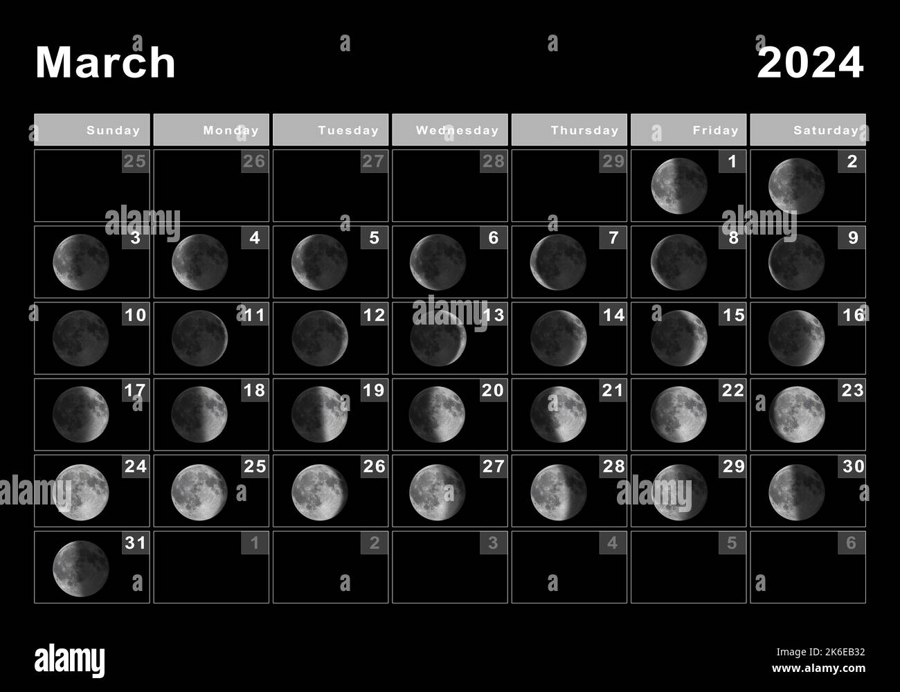 March 2024 Lunar calendar, Moon cycles, Moon Phases Stock Photo