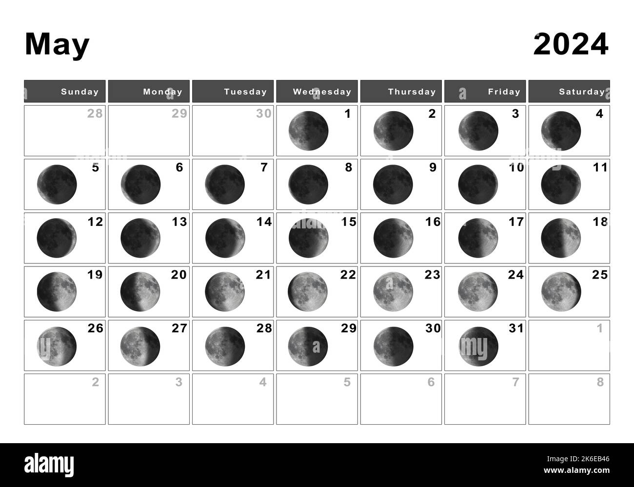 May 2024 Lunar calendar, Moon cycles, Moon Phases Stock Photo - Alamy