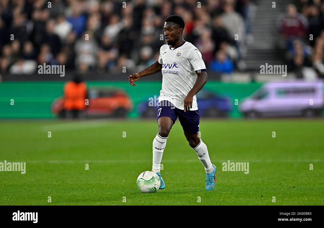 London, UK. 13th Oct, 2022. London UK 13th October 2022Francis Amuzu (Anderlecht) during the West Ham vs RSC Anderlecht Europa Conference League (Group B) match at the London Stadium Stratford. Credit: MARTIN DALTON/Alamy Live News Stock Photo