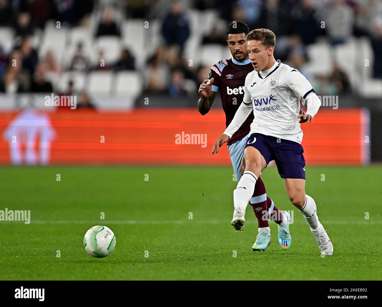 London, UK. 13th Oct, 2022. London UK 13th October 2022Yari Verschaeren (Anderlecht) during the West Ham vs RSC Anderlecht Europa Conference League (Group B) match at the London Stadium Stratford. Credit: MARTIN DALTON/Alamy Live News Stock Photo