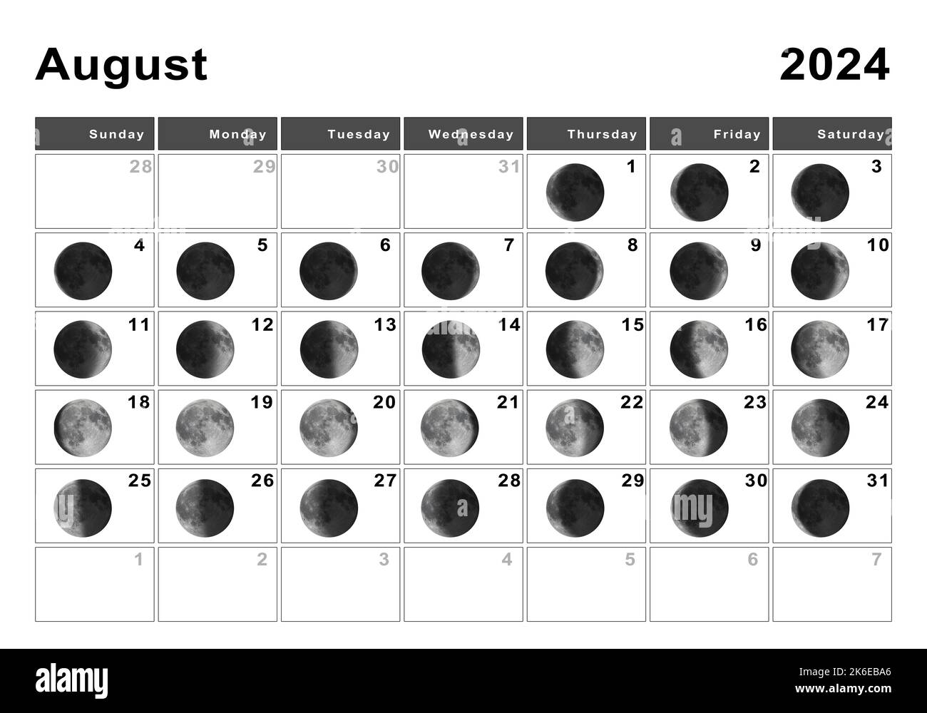 August 2024 Lunar calendar, Moon cycles, Moon Phases Stock Photo Alamy
