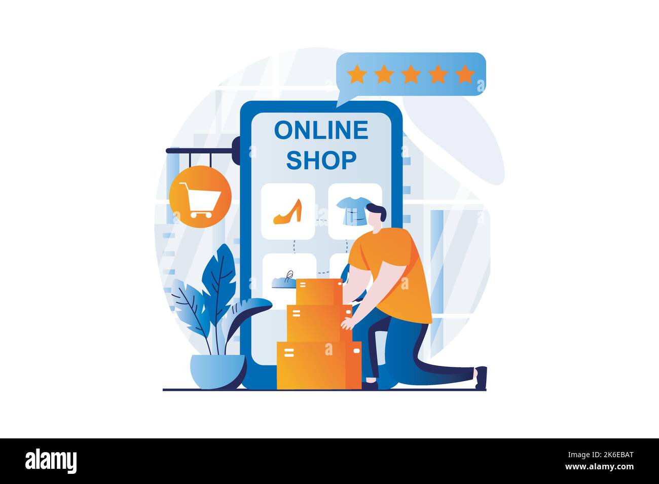 Mobile commerce concept with people scene in flat cartoon design. Man chooses products on website of store, ordering and paying for purchases using Stock Vector