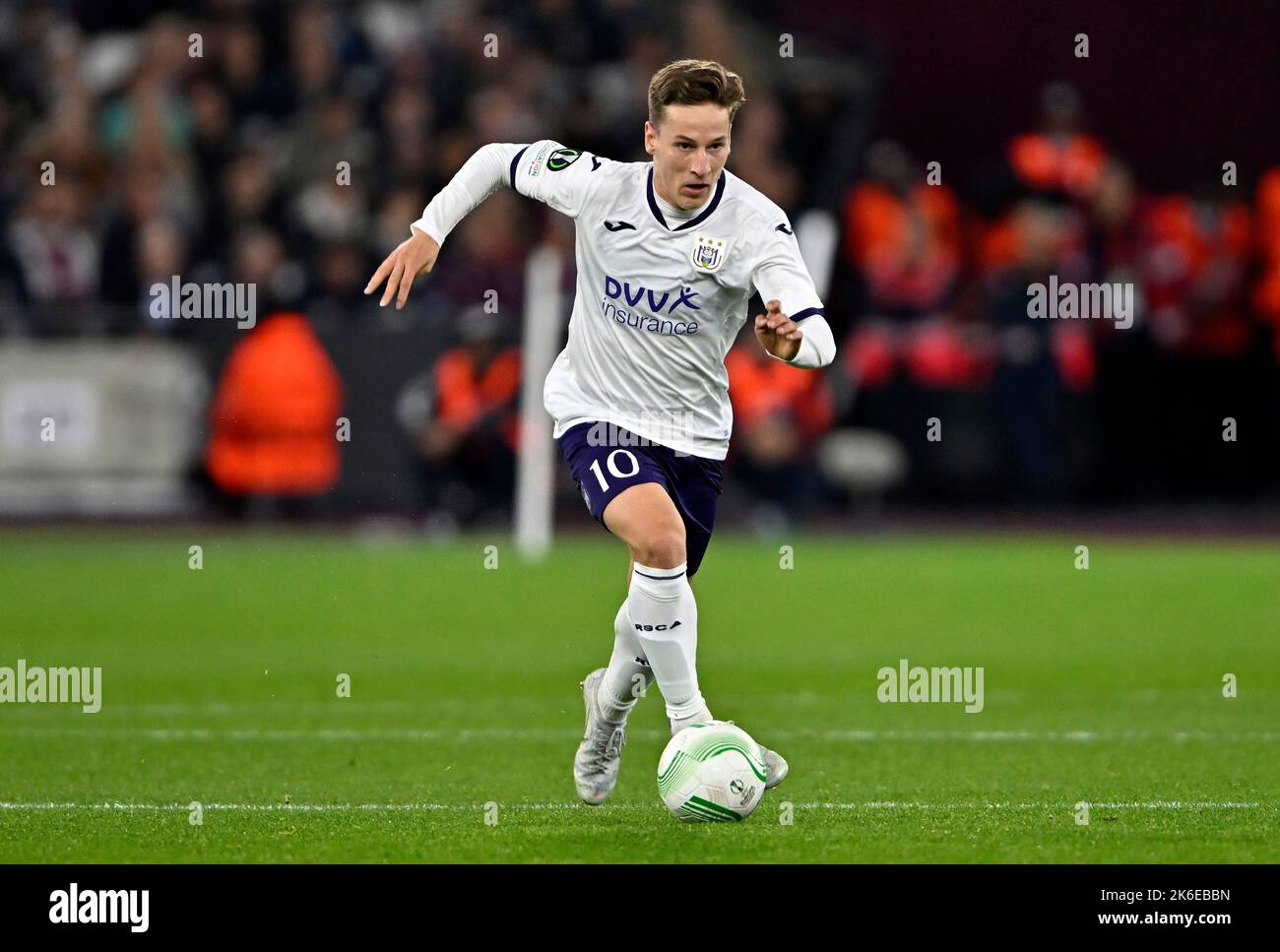 London, UK. 13th Oct, 2022. London UK 13th October 2022Yari Verschaeren (Anderlecht) during the West Ham vs RSC Anderlecht Europa Conference League (Group B) match at the London Stadium Stratford. Credit: MARTIN DALTON/Alamy Live News Stock Photo