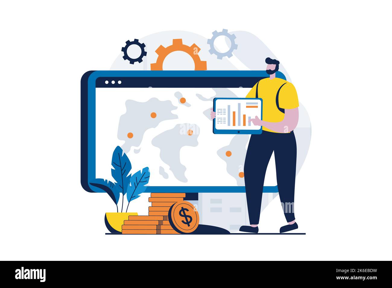 Global economic concept with people scene in flat cartoon design. Man