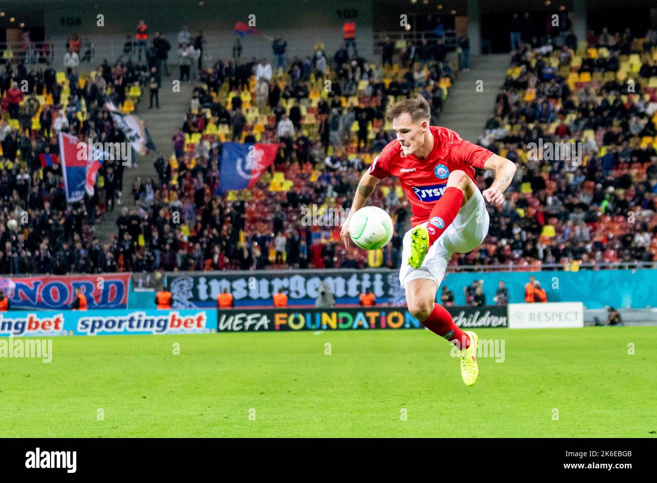 Bucharest, Romania. 14th Oct, 2022. October 14, 2022: Lukas Engel #29 of Silkeborg IF during of the UEFA Europa Conference League group B match between FCSB Bucharest and Silkeborg IF at National Arena Stadium in Bucharest, Romania ROU. Catalin Soare/Cronos Credit: Cronos/Alamy Live News Stock Photo