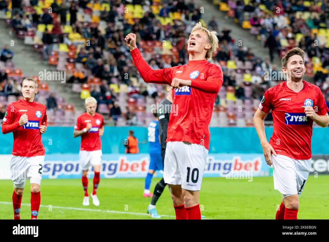 Bucharest, Romania. 14th Oct, 2022. October 14, 2022: Soren Tengstedt #10 of Silkeborg IF celebrating the 4th goal during of the UEFA Europa Conference League group B match between FCSB Bucharest and Silkeborg IF at National Arena Stadium in Bucharest, Romania ROU. Catalin Soare/Cronos Credit: Cronos/Alamy Live News Stock Photo
