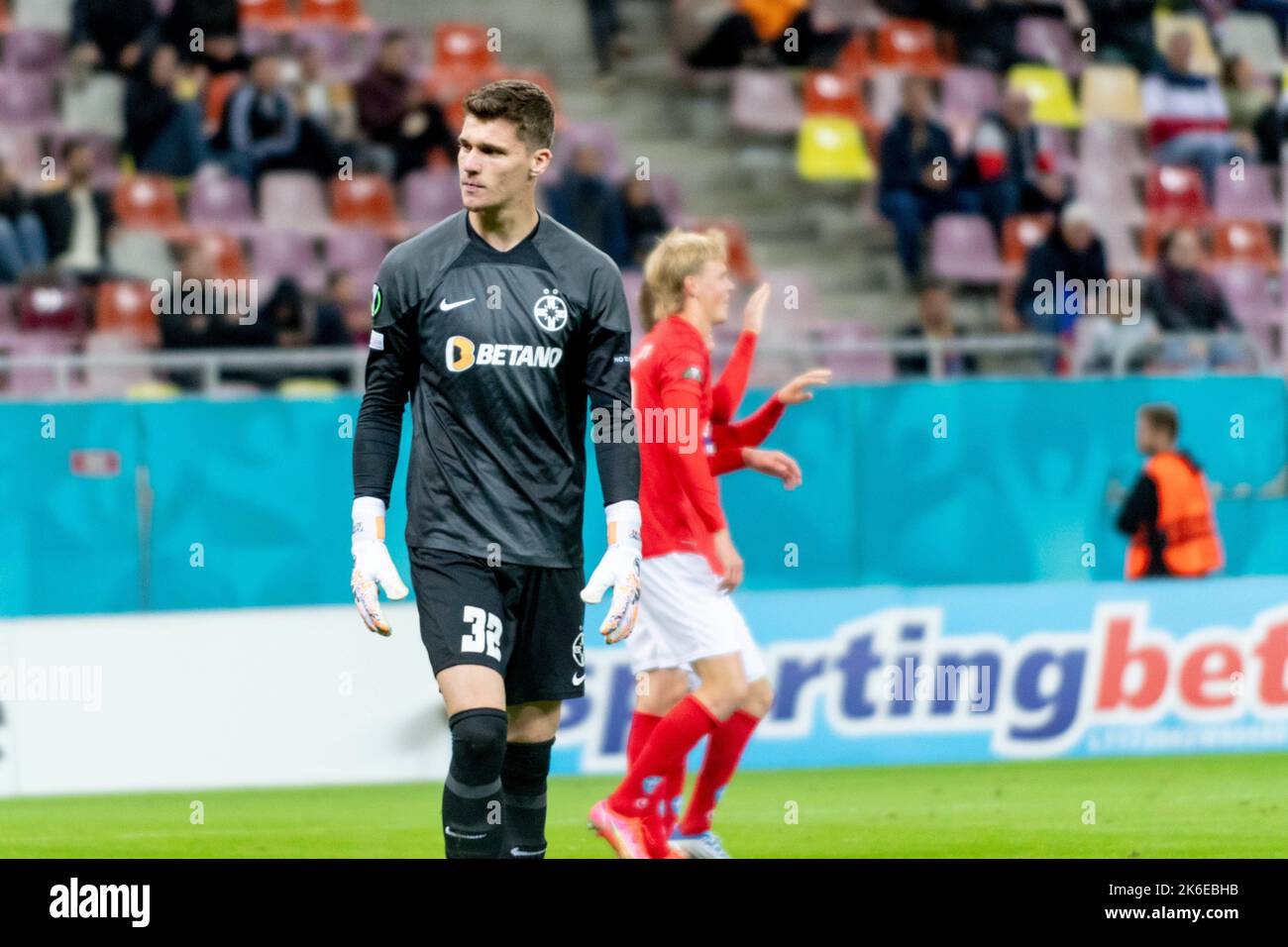 Bucharest, Romania. 14th Oct, 2022. October 14, 2022: Stefan Tarnovanu #32 of FCSB disappointed during of the UEFA Europa Conference League group B match between FCSB Bucharest and Silkeborg IF at National Arena Stadium in Bucharest, Romania ROU. Catalin Soare/Cronos Credit: Cronos/Alamy Live News Stock Photo
