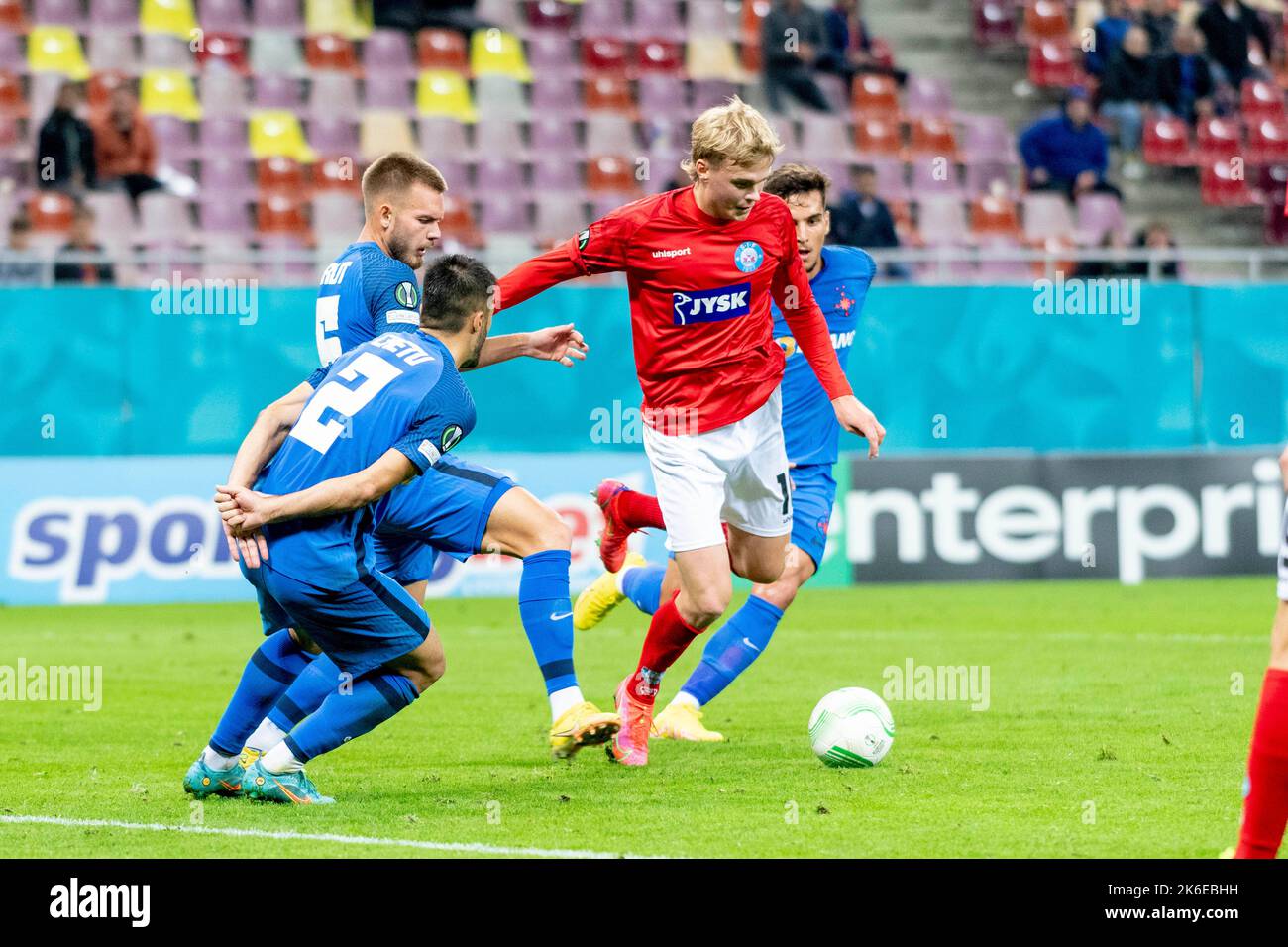Bucharest, Romania. 14th Oct, 2022. October 14, 2022: Soren Tengstedt #10 of Silkeborg IF during of the UEFA Europa Conference League group B match between FCSB Bucharest and Silkeborg IF at National Arena Stadium in Bucharest, Romania ROU. Catalin Soare/Cronos Credit: Cronos/Alamy Live News Stock Photo