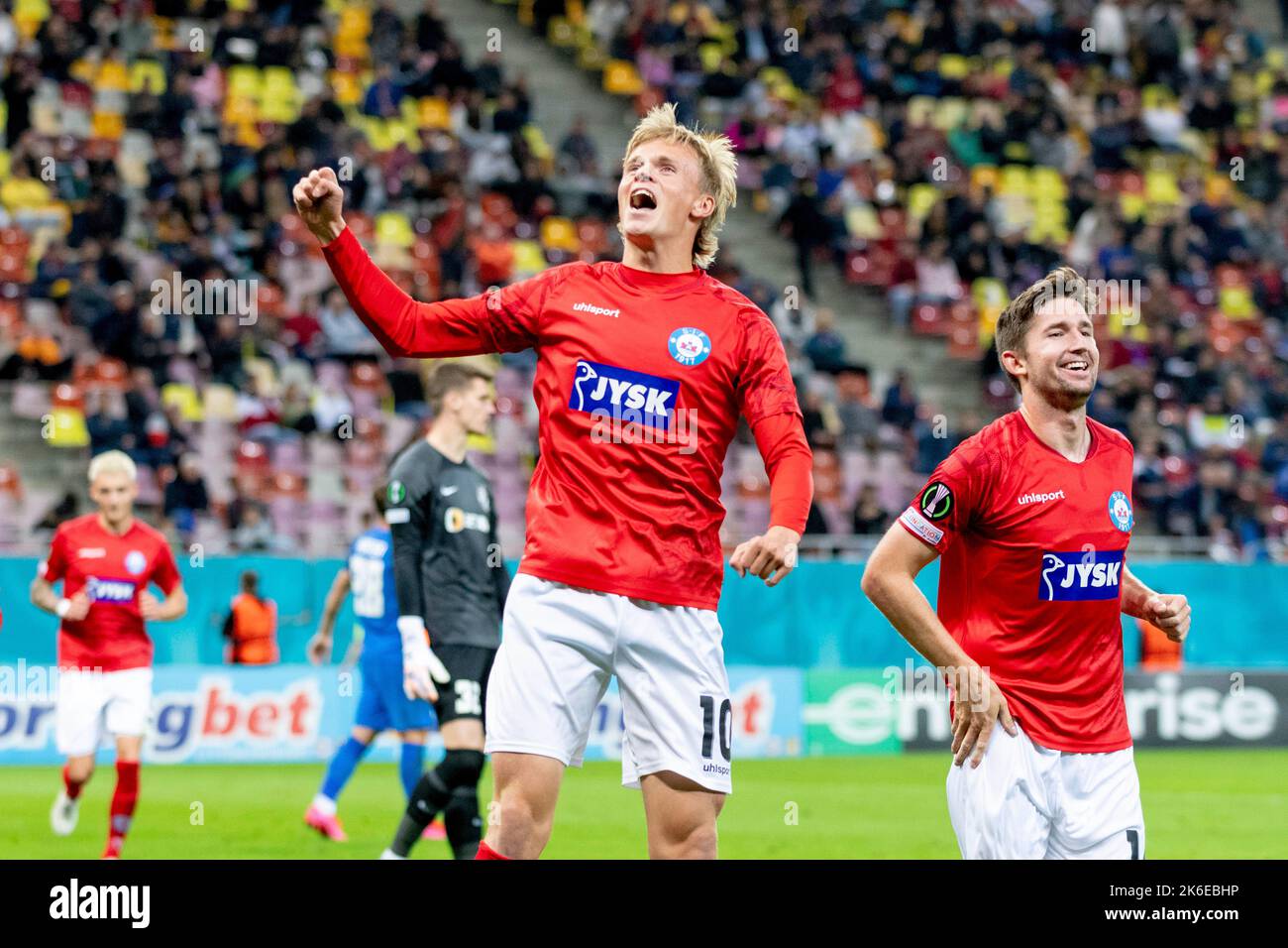 Bucharest, Romania. 14th Oct, 2022. October 14, 2022: Soren Tengstedt #10 of Silkeborg IF celebrating the 4th goal during of the UEFA Europa Conference League group B match between FCSB Bucharest and Silkeborg IF at National Arena Stadium in Bucharest, Romania ROU. Catalin Soare/Cronos Credit: Cronos/Alamy Live News Stock Photo